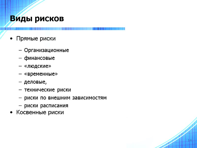 14 Виды рисков Прямые риски Организационные финансовые «людские» «временные» деловые, технические риски риски по